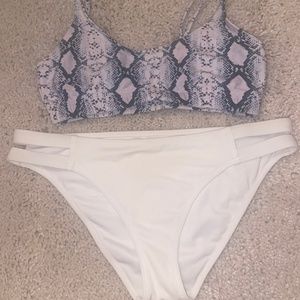 Bikini set- Snake skin pattern top and white bottoms- Women S
